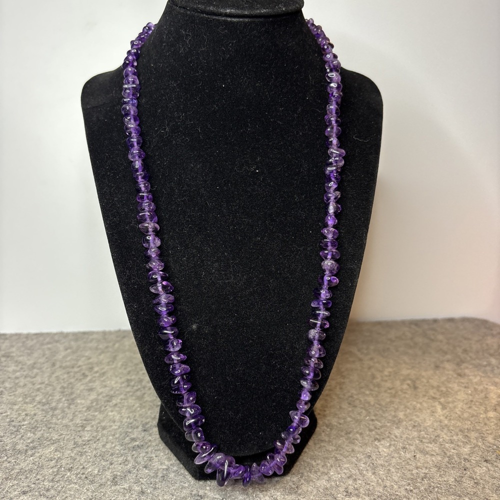 Natural Amethyst Gemstone Chip Bead Necklace Purple 24" Polished Stone